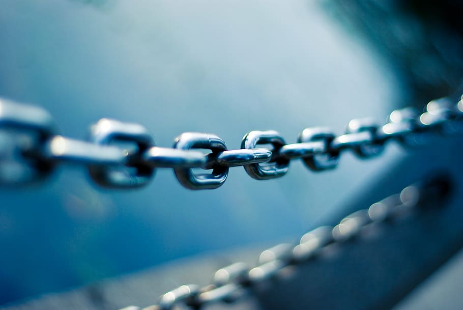 silver-colored chain, steel, metal, chain, blur, blue, strength, backgrounds, close-up, day