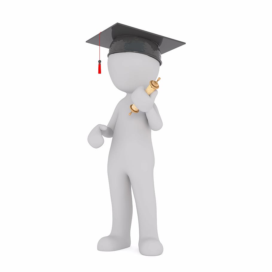 Humano, 3d, modelo, tenencia, diploma, vistiendo, sombrero de graduación, hombre blanco, modelo 3d, aislado