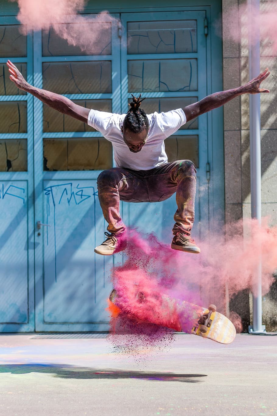 man, wearing, white, shirt skateboarding, pink, powder effects, skateboard, skateboarder, skae, lifestyle