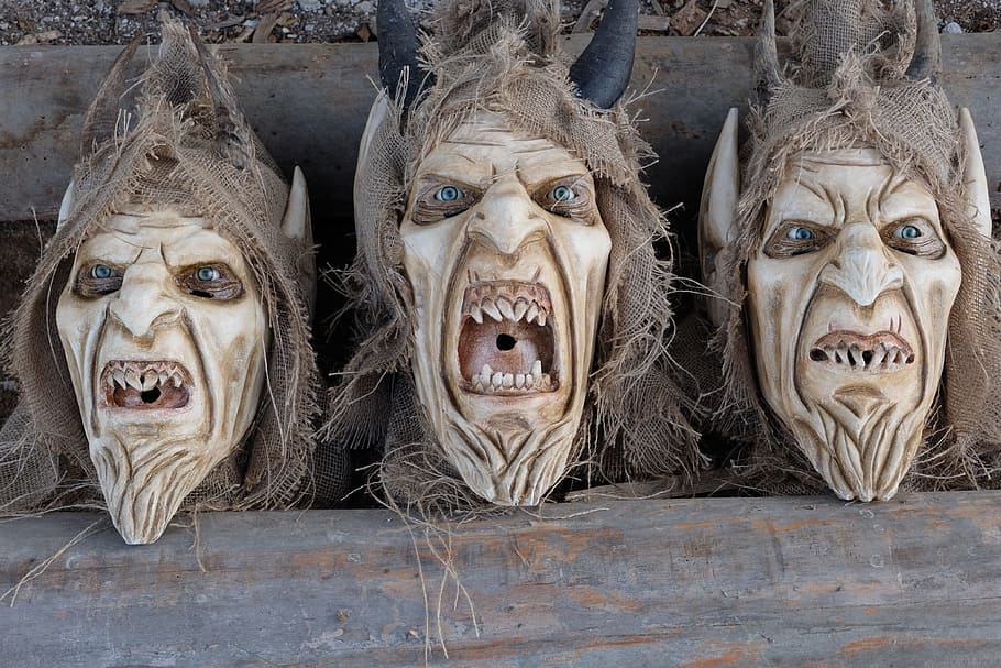 three, monster head bust decors, krampus, customs, austria, mask, devil, wooden mask, evil, creepy