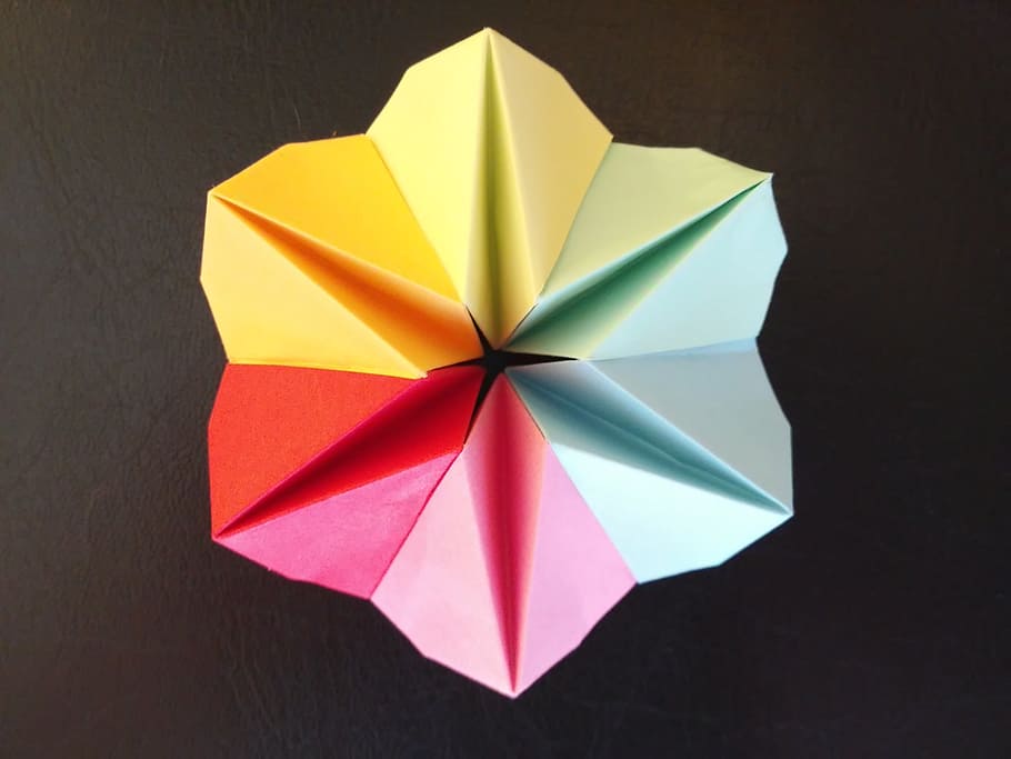 multicolored, star backdrop artwork, paper flower, origami, colorful, fold, folded, star, six, symmetrical symmetry