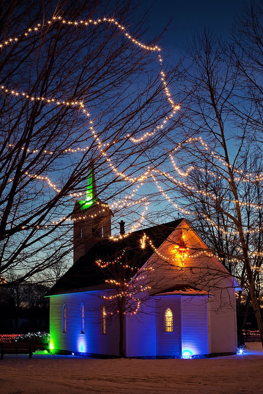 christmas, church, night, holiday church, xmas town, building exterior, architecture, tree, built structure, bare tree