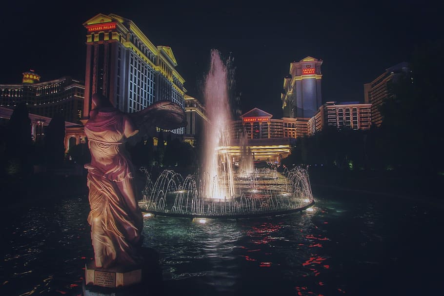 Caesars Palace, Las Vegas, casino, hotel, edificios, fuente, agua, luces, noche, oscuridad