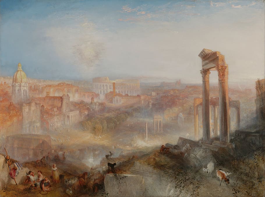 people, brown, high, rise buildings painting, joseph turner, art, painting, oil on canvas, landscape, sky