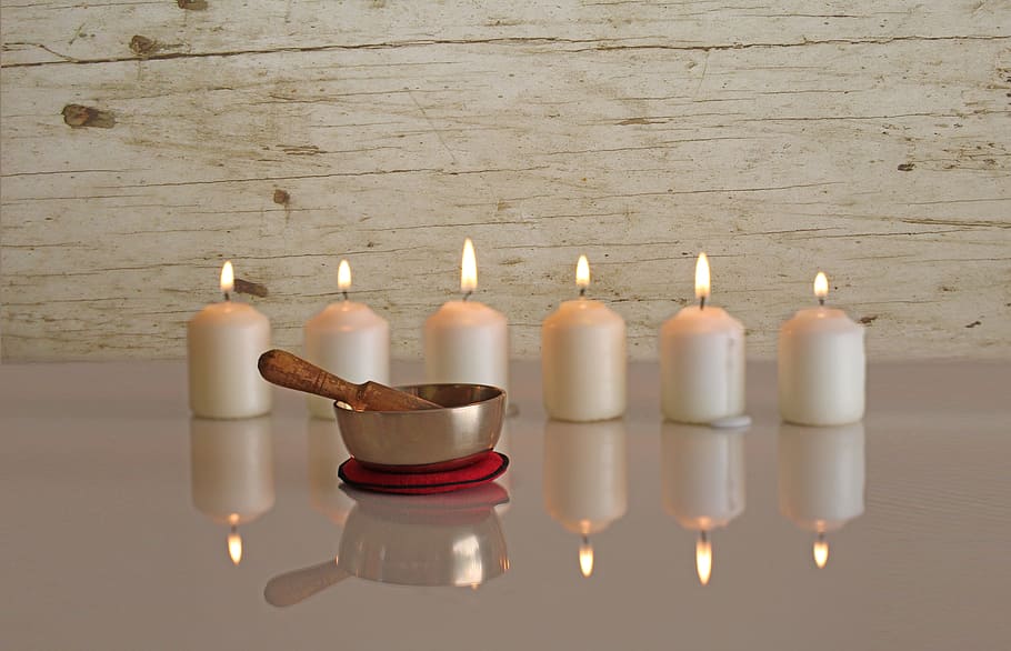 six, white, pillar candles, behind, brass-colored bowl, reflecting, surface, new age, singing bowl, candles