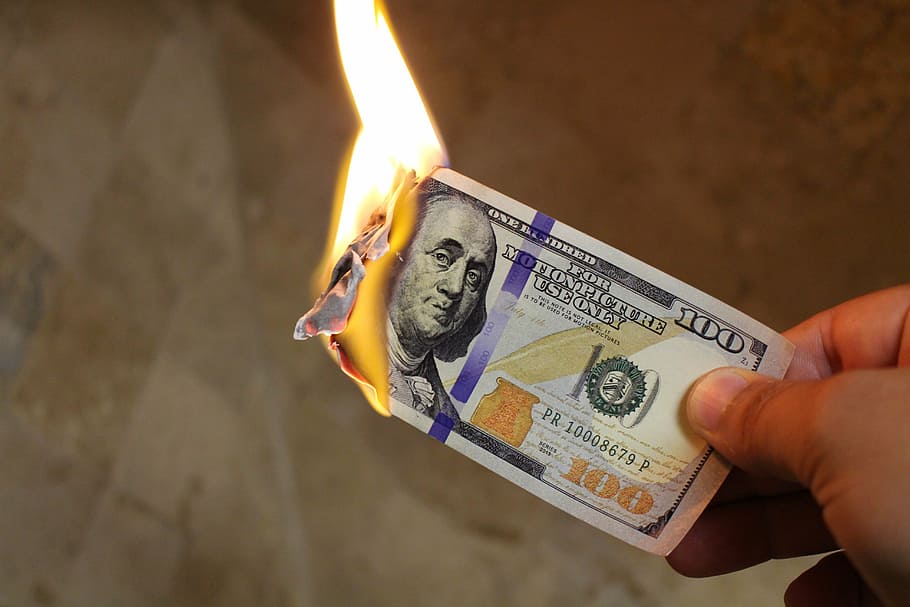 person, holding, 100 u.s, u.s., dollar banknote, burning money, dollars, cash, flame, money