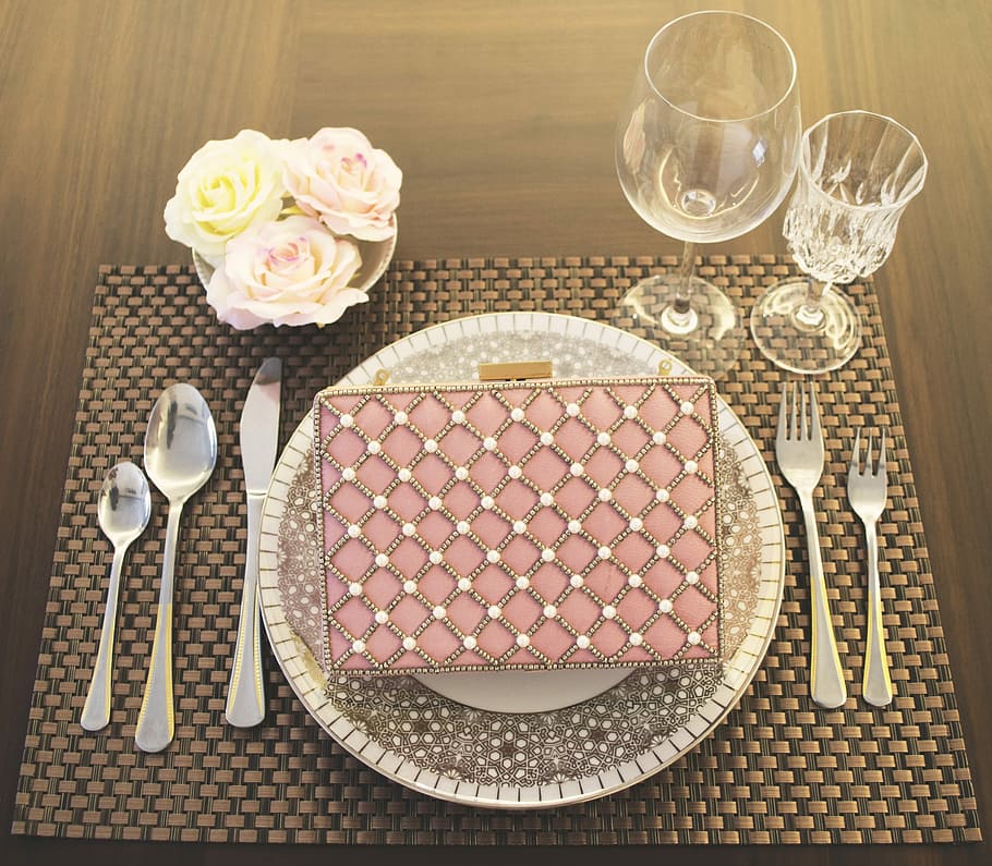 Meal, Leather, Embroidered, Clutch, silverware, table, fork, plate, crockery, no People