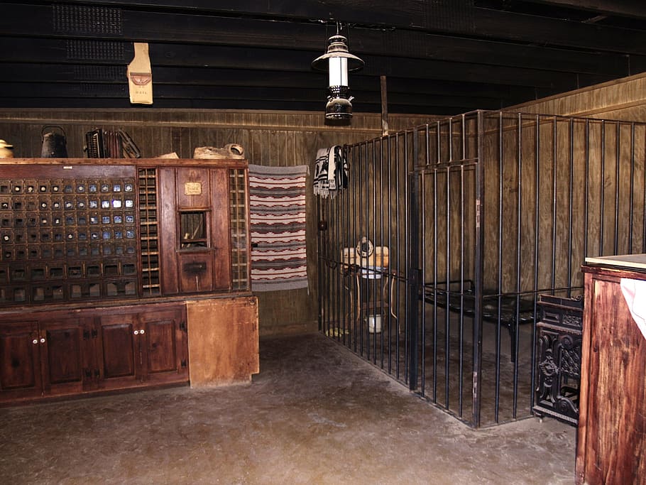 black, metal cage, brown, wooden, cabinet, jail, bars, old, history, sheriff