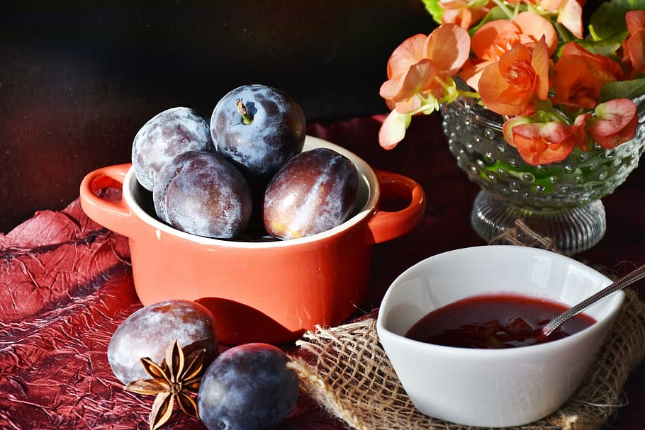 prunes, round, red, casserole, plums, fruit, jam, violet, sweet, purple by