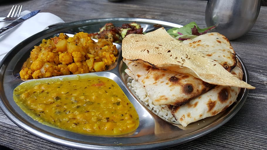 cocinado, comida, gris, acero inoxidable, plato organizador de alimentos de acero, india, comida india, comida y bebida, lista para comer, frescura
