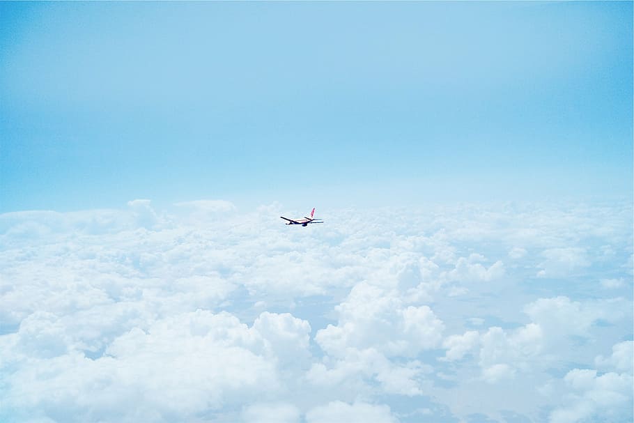 putih, pesawat terbang, penerbangan, awan, siang hari, di atas awan, langit, biru, perjalanan, transportasi