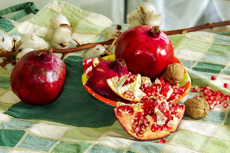 pomegranates, fruit, still life, cotton, composition, reflections, red fruits, pomegranate, walnuts, coffee beans