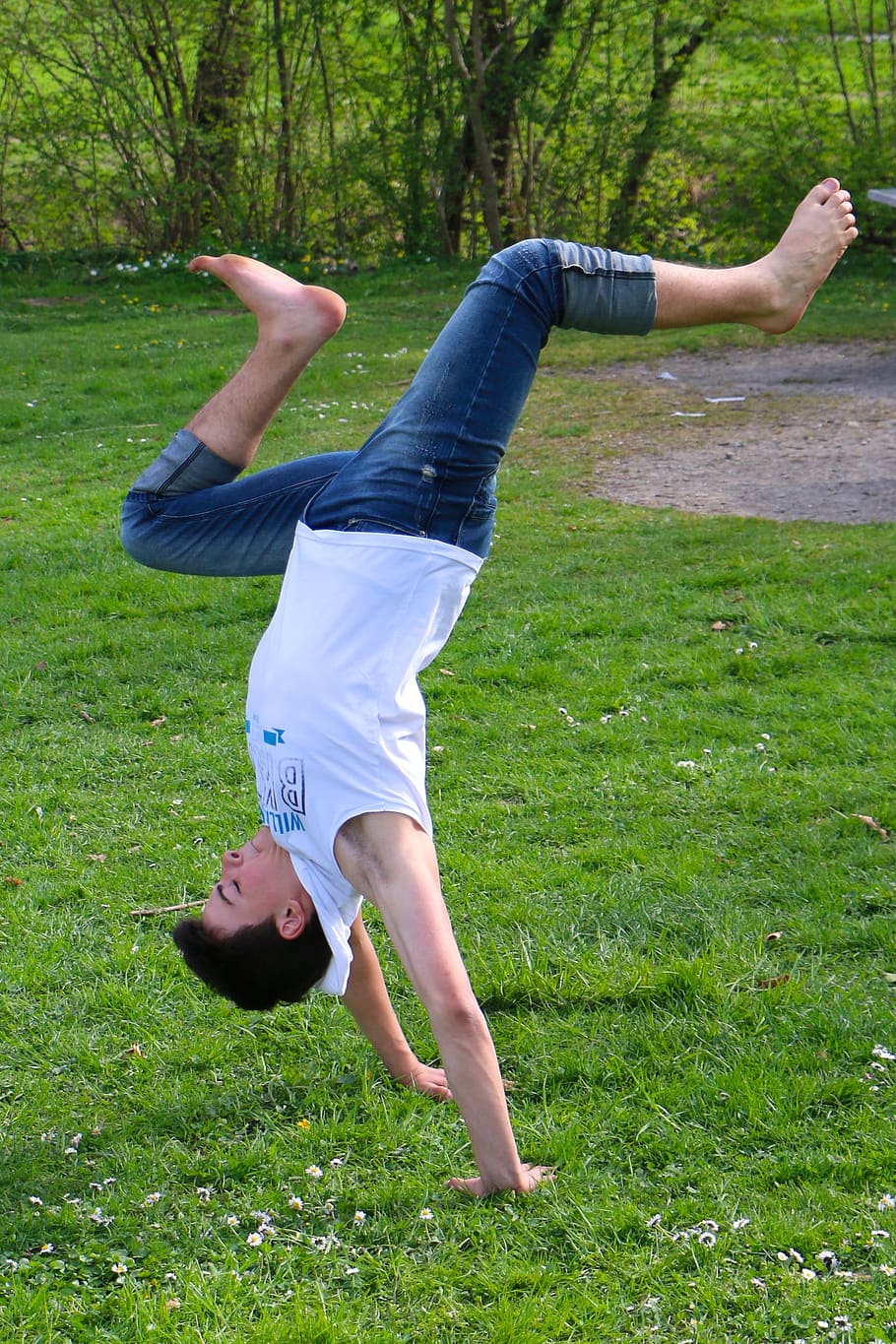 meadow, acrobatics, boy, young people, upside down, dynamic, plant, full length, one person, grass