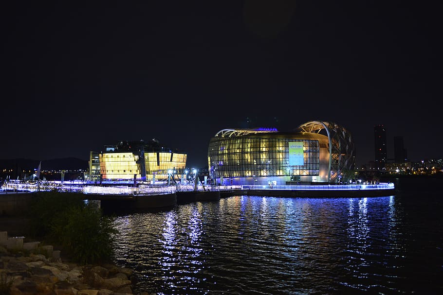 han river, sebit floating island, seoul, night view, night, building exterior, illuminated, built structure, architecture, water