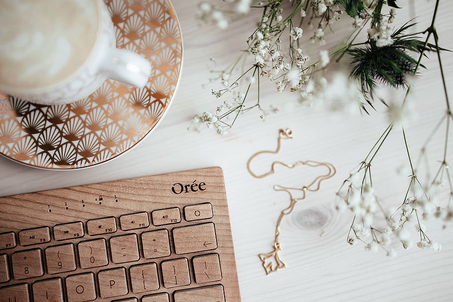 keyboard, technology, coffee, desk, cup, oree, cappucino, hipster, caffee, Wooden