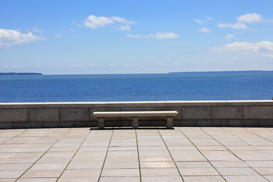 mar, vista al mar, banco, vista, horizonte, paz, pacífico, tranquilo, interminable, agua azul