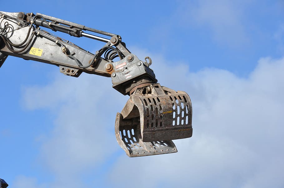 excavator, digger, arm, grab, equipment, sky, day, nature, military, low angle view