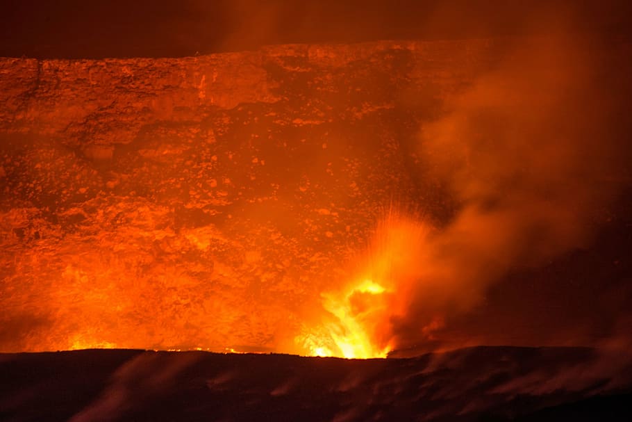 mountain, spitting, lava, volcano, flowing, eruption, landscape, active, hot, geological
