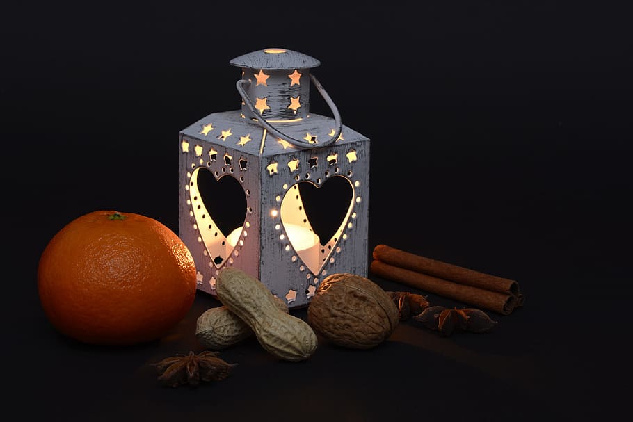 fotografia, lanterna, ao lado, laranja, amendoins, época do Natal, advento, Natal, decoração, iluminação