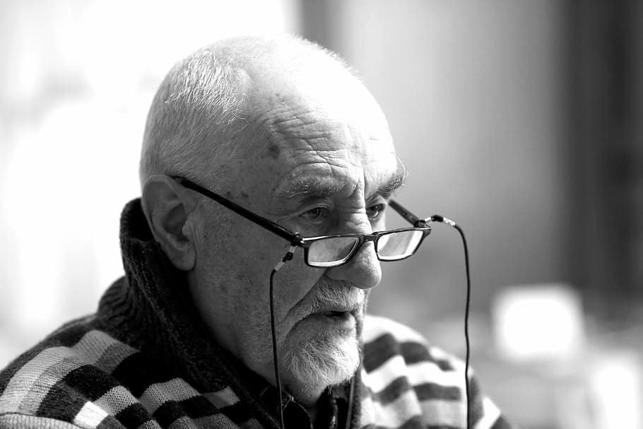man, eyeglasses grayscale photography, portrait, senior, beard, person, look, old man, glasses, face