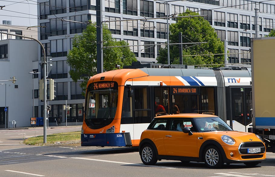 orange, mini cooper, road, daytime, city, traffic, junction, drive, vehicles, transport