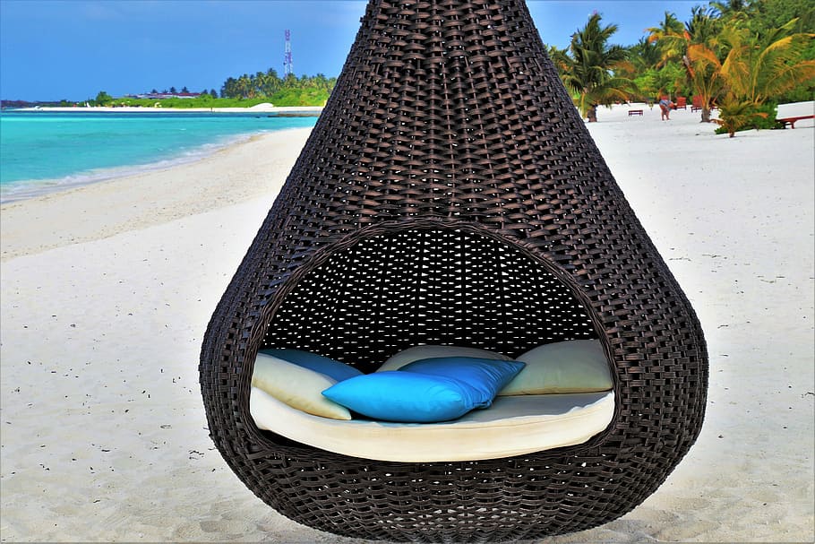 brown, wicker swing chair, seashore, basket, holiday, maldives, beach, water, travel, sky