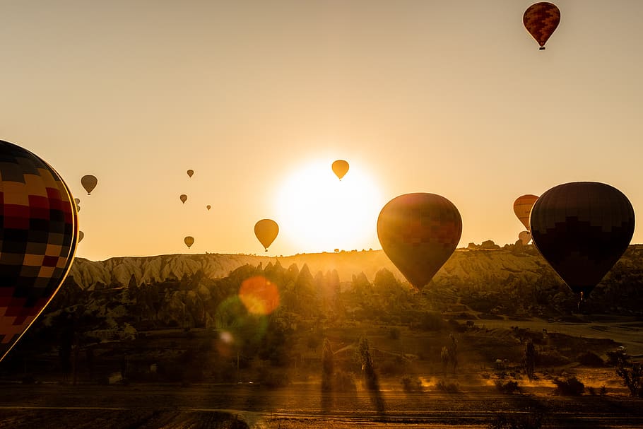 hot air balloons, dawn, sunrise, cappadocia, balloon, gold, sky, hot air balloon, sunset, nature