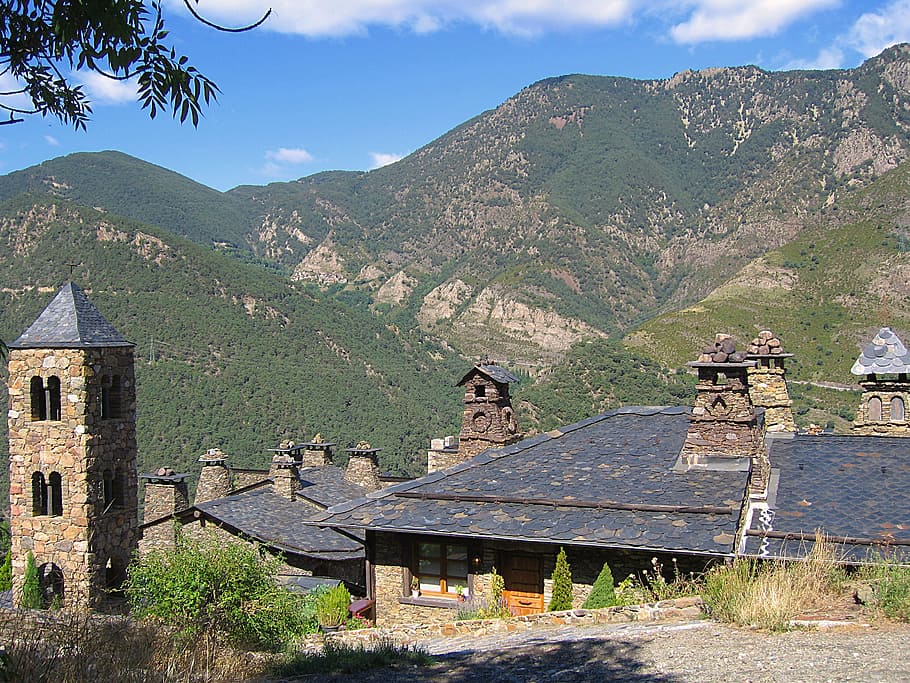 fireplaces, roofs, slate roofs, andorra, construction of the pyrenees, mountain, architecture, built structure, building exterior, history