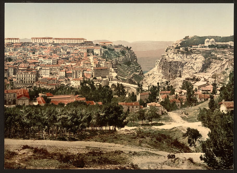 algeria 1899, Landscape, Constantine, Algeria, 1899, bangunan, lanskap, domain publik, kota, model tahun