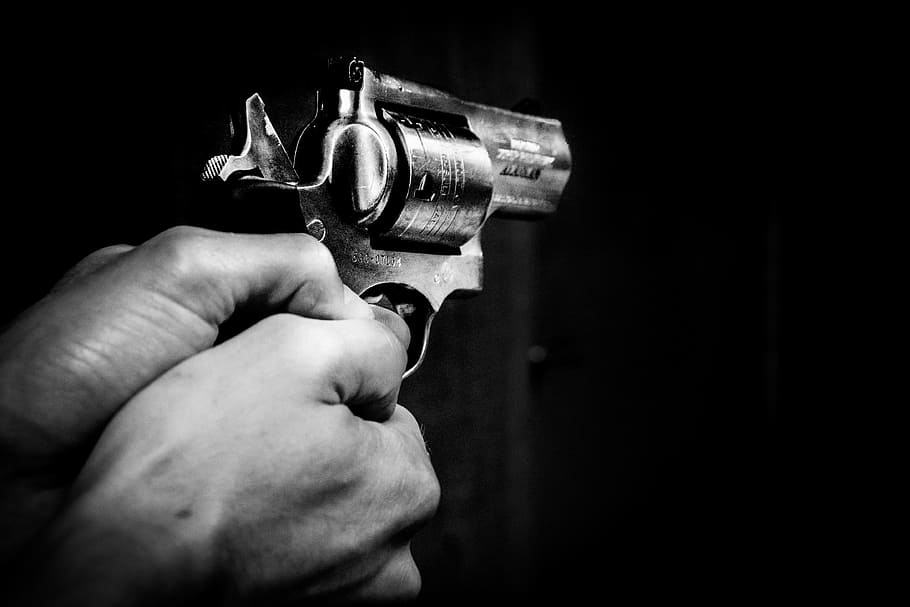 grayscale photo, person, holding, revolver pistol, gun, hands, black, weapon, man, crime