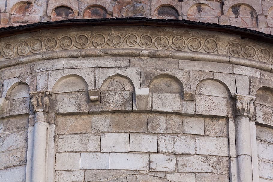 Apse, Church, Ornament, round arch, rhaeto romanic, marble, block, laas, south tyrol, architecture