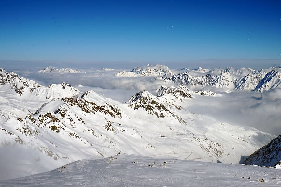 high, angle photo, mountain, covered, snow, winter, coldly, ice, sölden, austria