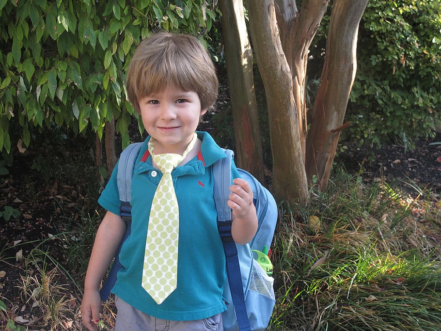 boy, blue, polo shirt, backpack, tree, preschool, school, childhood, child, infant