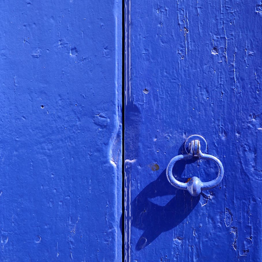 Puerta, azul, cerrado, madera, metal, tirador, entrada, seguridad, protección, cerradura