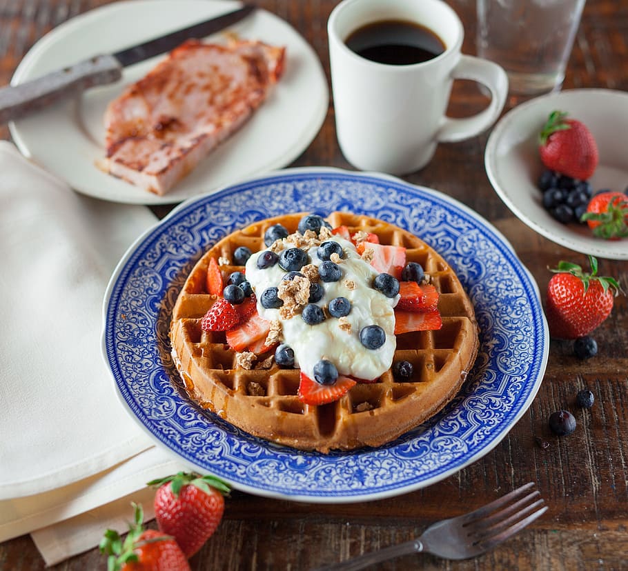 blueberry pancake, plate, waffle, pancake, food, breakfast, snack, strawberry, fruit, blueberry