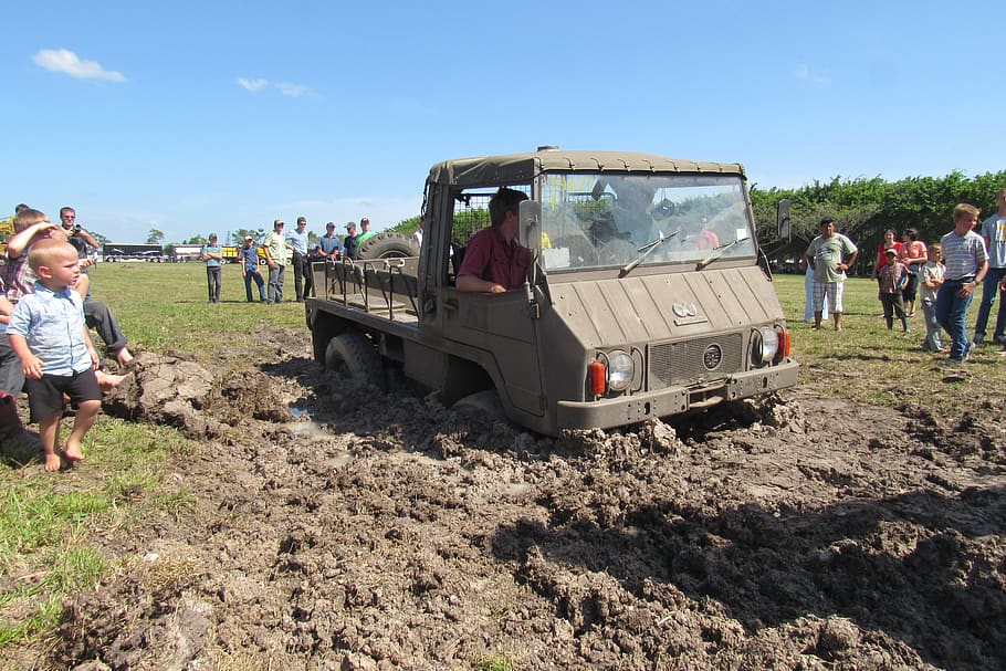pinzgauer, offroad, stuck, mud, people, demonstration, soil, vehicle, machine, military