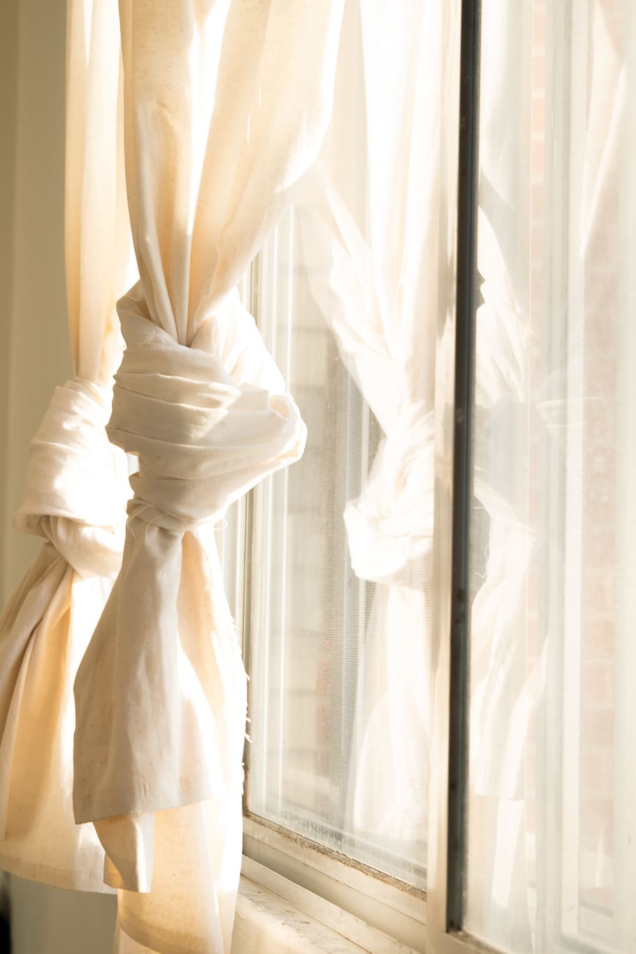 glass, curtain, white, window, indoors, hanging, white color, transparent, close-up, textile