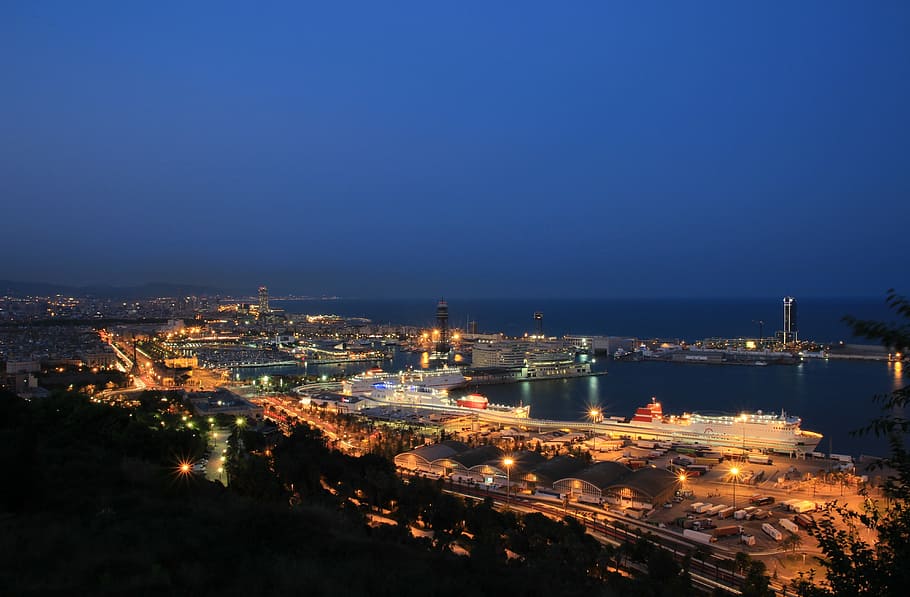 aerial, view, city, nighttime, barcelona, port, blue hour, night, cityscape, architecture