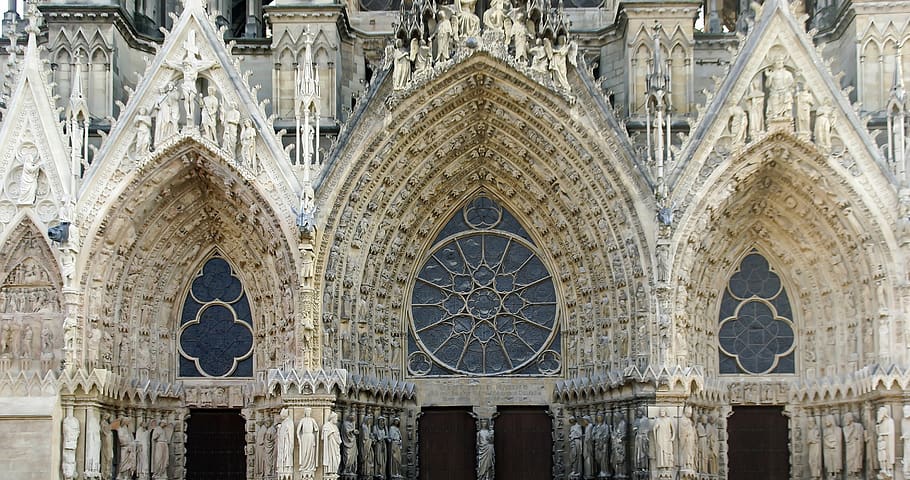 reims, cathedral, rosette, french gothic architecture, three gates, statues, religious, worship, religion, christian