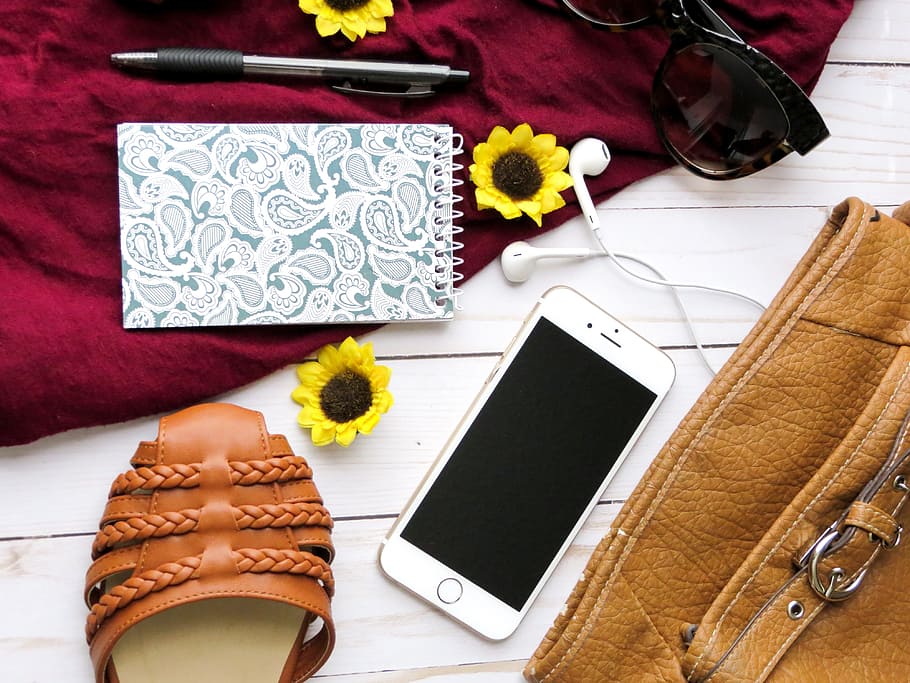 silver iphone 6, brown, leather bag, Rose gold, iPhone 6, white, table, styled, background, sunflower