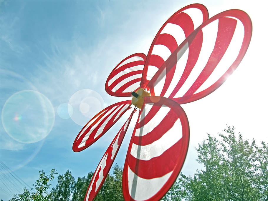 red, white, striped, nylon flower windmill, daytime, whirligig, pinwheel, spinner, windmill, wind