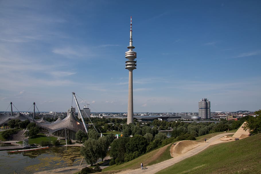 gris, hormigón, torre petronas, sitio olímpico, Munich, Baviera, techo, arquitectura, torres, torre de televisión