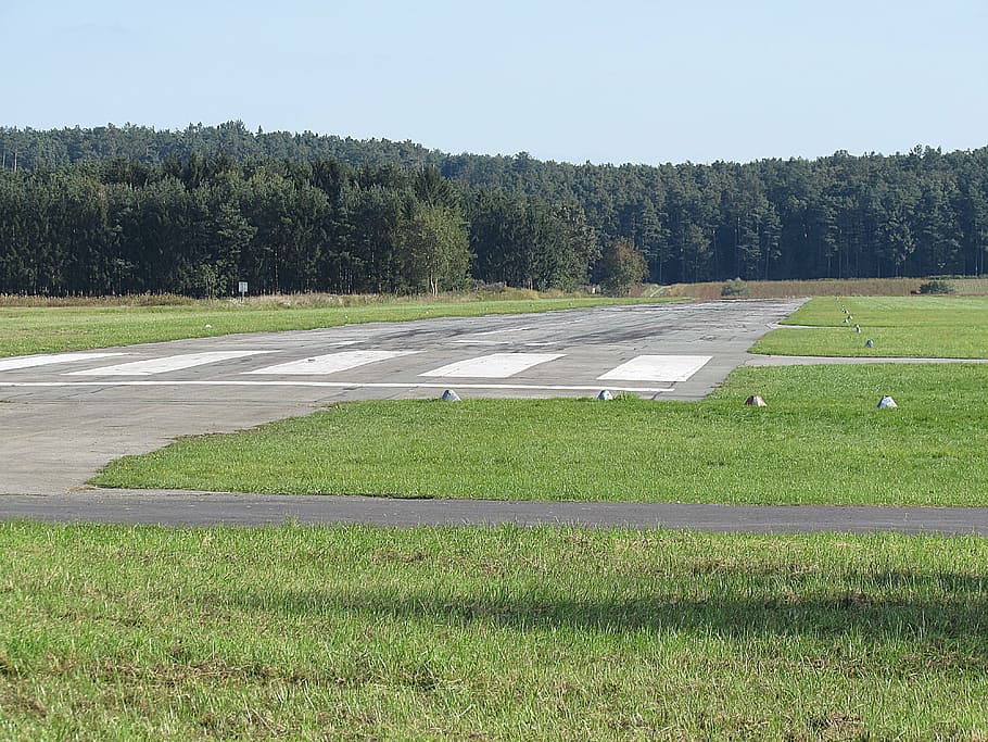 airfield, airport, tarmac, runway, plant, tree, grass, nature, day, land