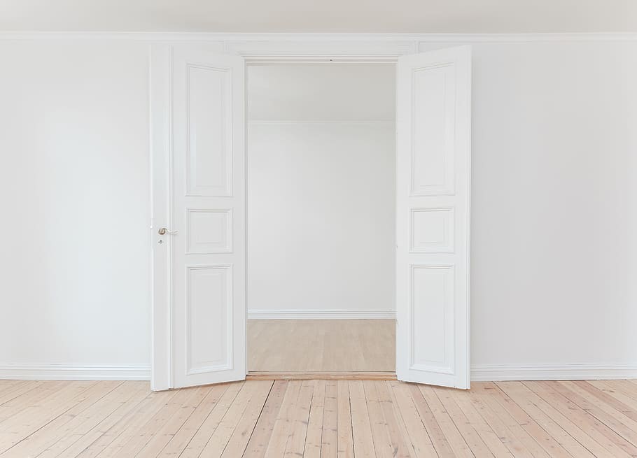 opened, white, wooden, 3-panel, 3- panel door, interior, indoor, wall, open, door