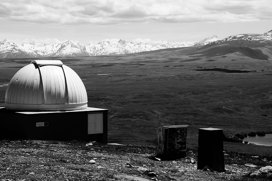 observatory, planetarium, mountains, snow, summit, alpine, clouds, rock, new zealand, nature