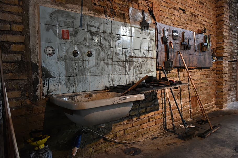 workshop, clutter, paintbrushes, washbasin, indoors, wall, wall - building feature, abandoned, wood - material, old