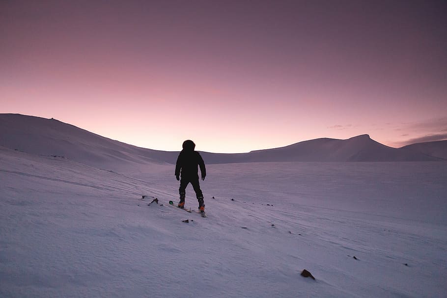 person, climbing, snowy, mountain, snow, sunset, hiking, cold, winter landscape, winter