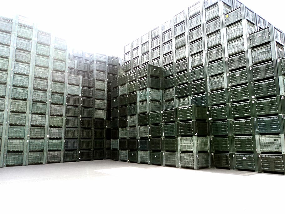 steel container lot, Box, Plastic, Stack, Industry, Build, wall, green, container, high