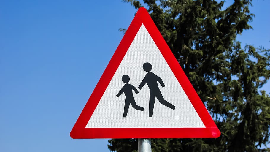 pedestrian, signage, green, tree, sign, school, children, warning, caution, crossing