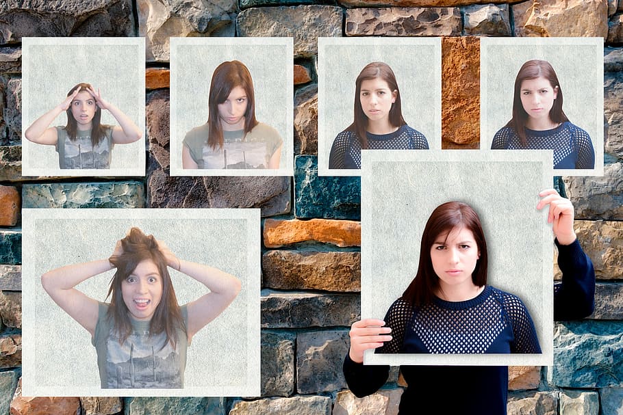 woman photos, brown, wall, gestures, collage, non-verbal language, body language, front view, adult, digital tablet